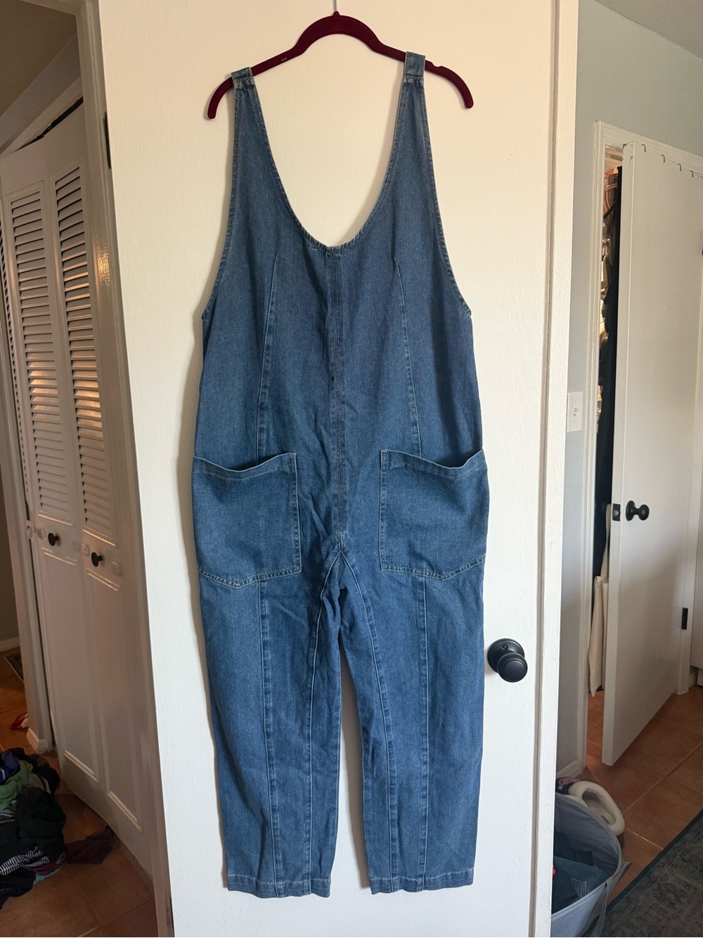 NWT Hapily Grey Denim Blue Women's Pocket Overalls -sz L